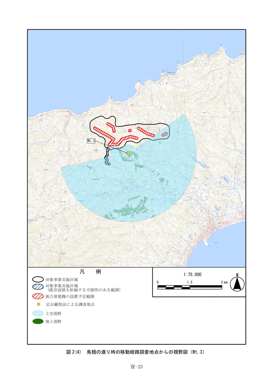 鳥類の渡り時の移動経路調査地点からの視野図（503ページ目）