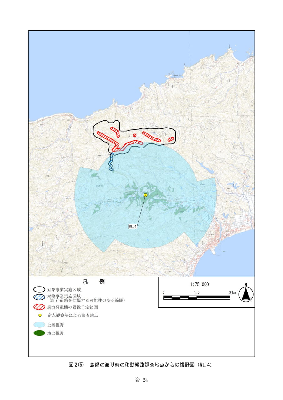 鳥類の渡り時の移動経路調査地点からの視野図（504ページ目）