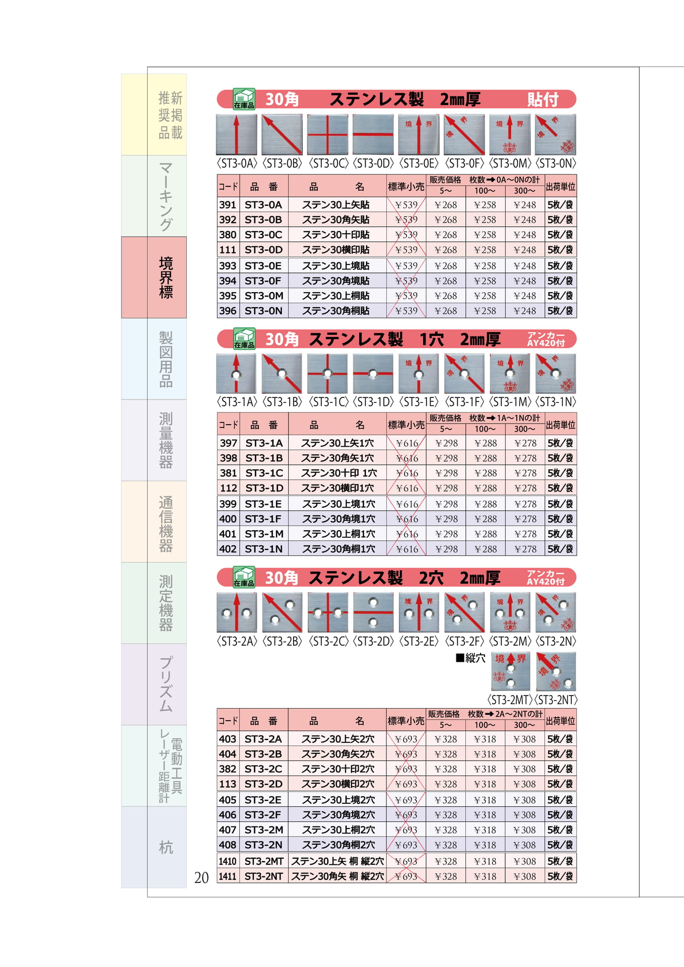 P.20　ステンレスプレート①　30角(貼・１穴・２穴)（24ページ目）
