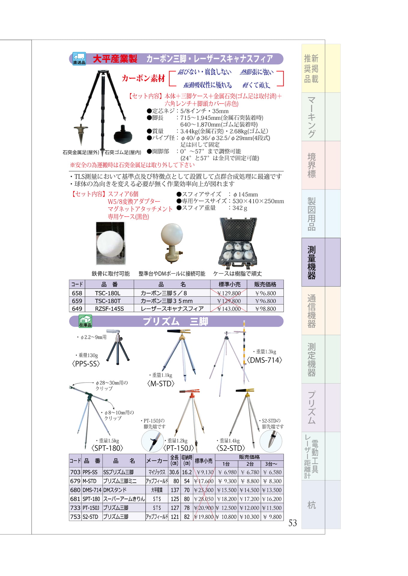 P.53　カーボン三脚　レーザースキャナスフィア　プリズム三脚（57ページ目）