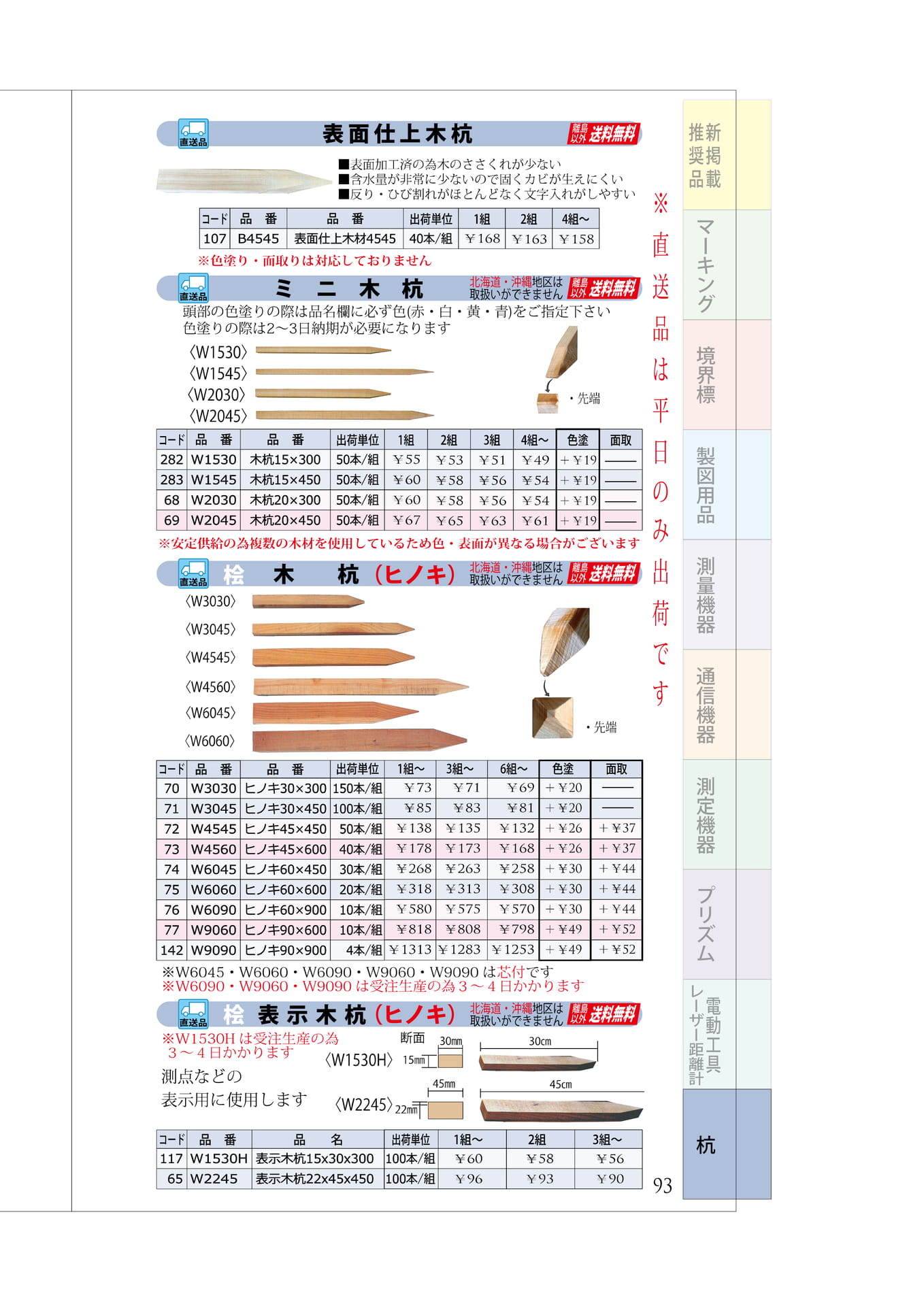 P.93　木杭②　ミニ木杭　桧　表示木杭（97ページ目）