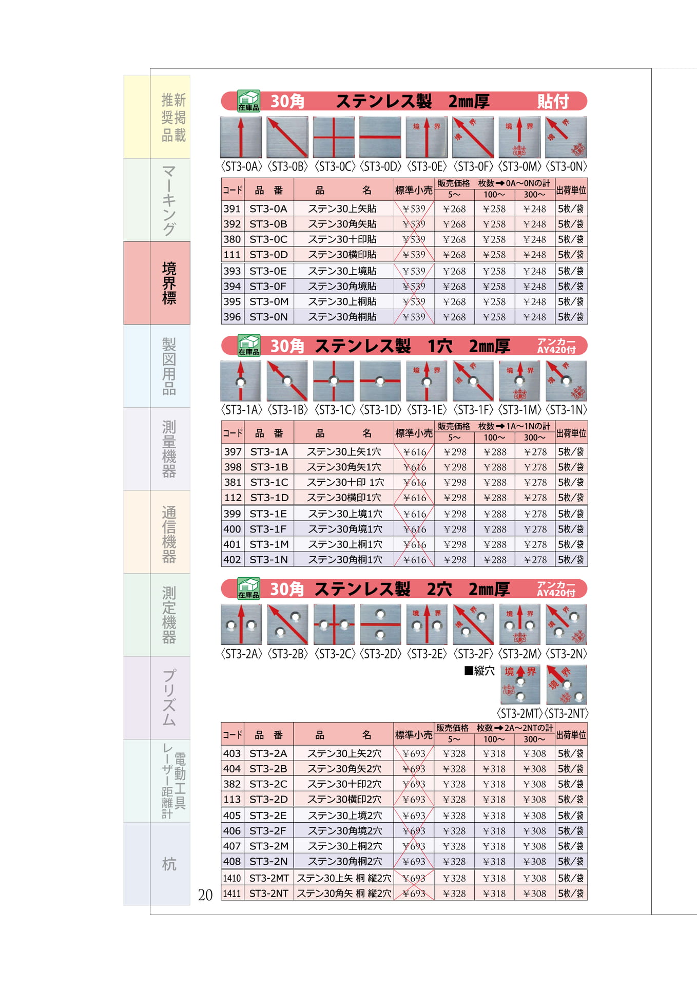P.20 ステンレスプレート① 30角(貼・1穴・2穴)(24ページ目)