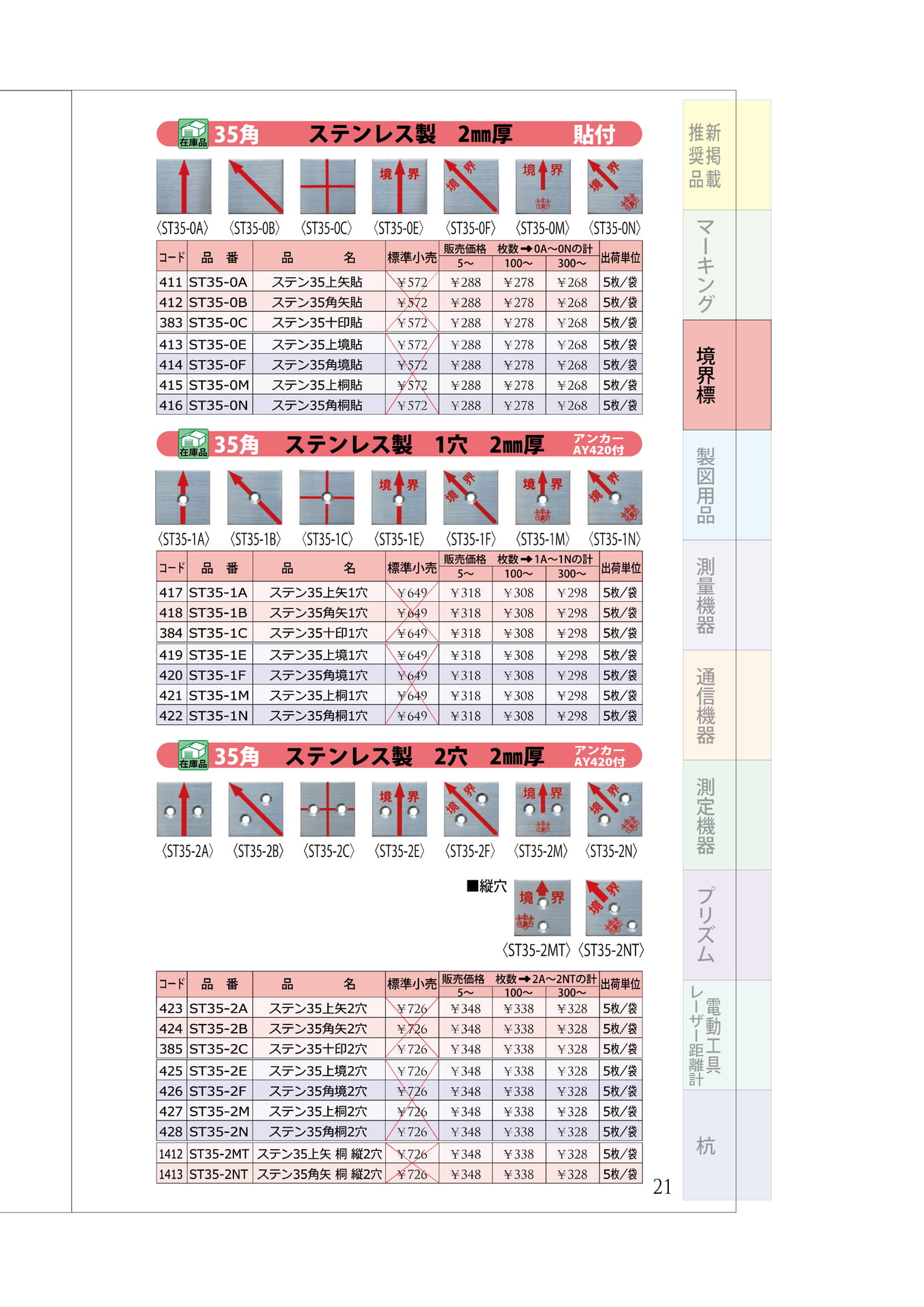 P.21 ステンレスプレート② 35角(貼・1穴・2穴)(25ページ目)