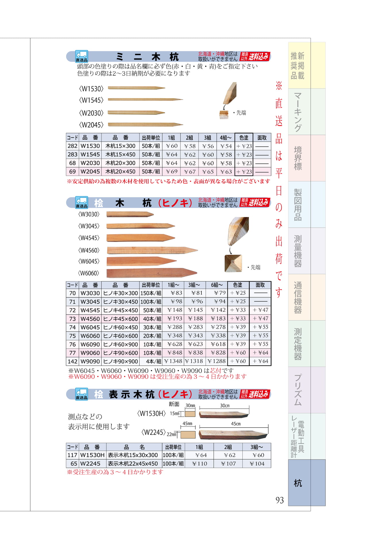 P.93 木杭② ミニ木杭 桧 表示木杭(97ページ目)