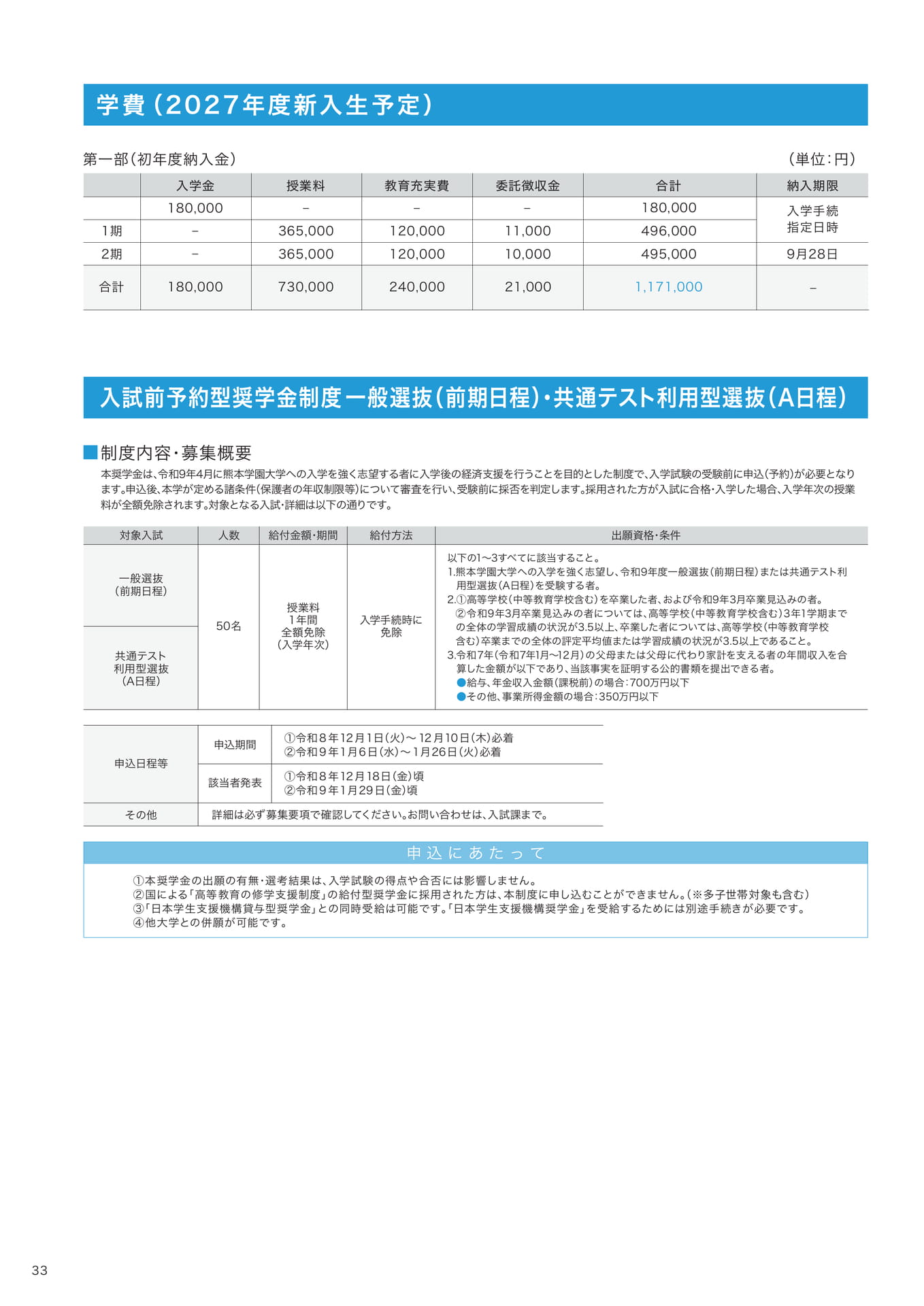 P33　学費・入試前予約型奨学金制度（34ページ目）