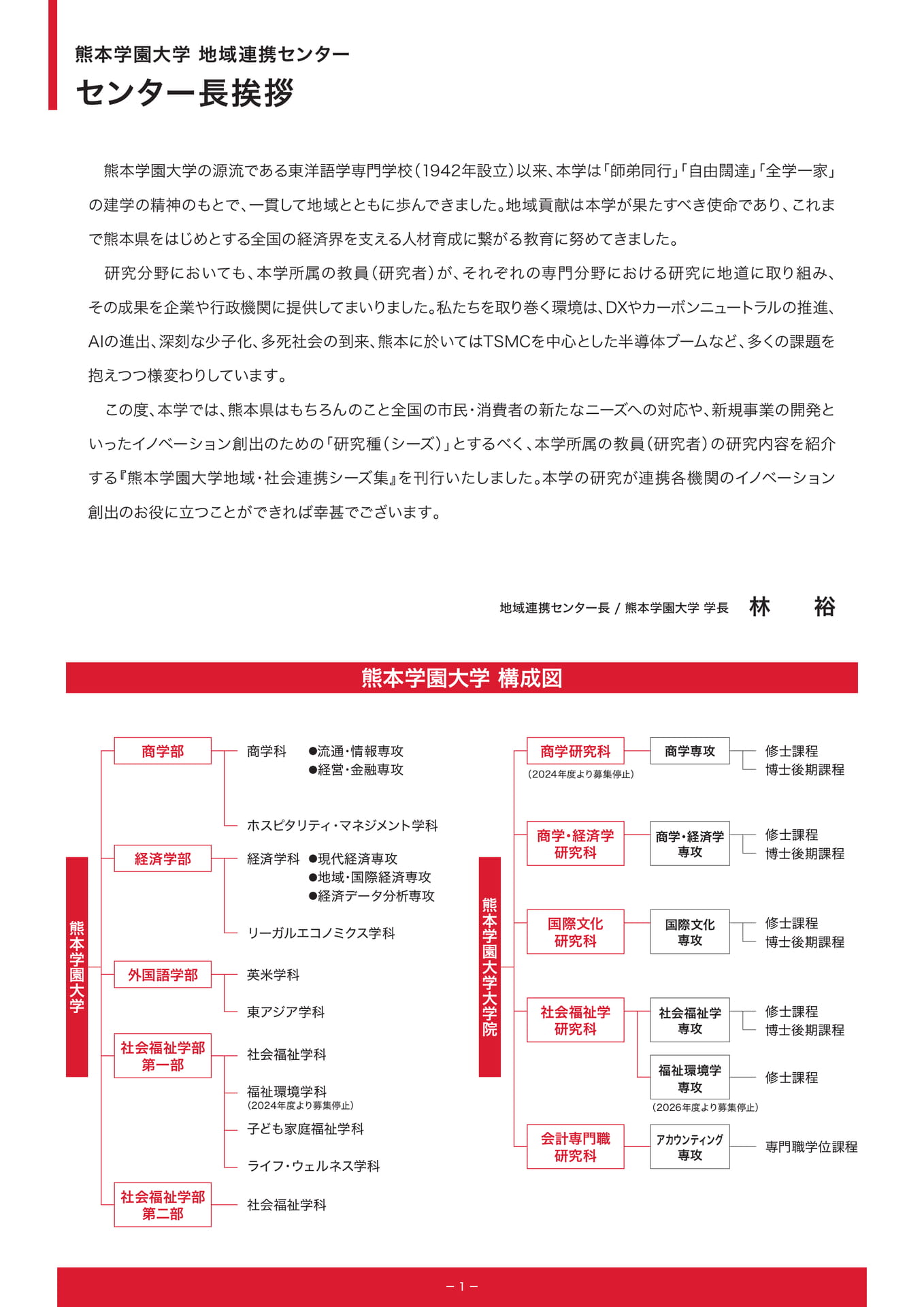 P1.地域連携センター センター長挨拶｜熊本学園大学 構成図（3ページ目）