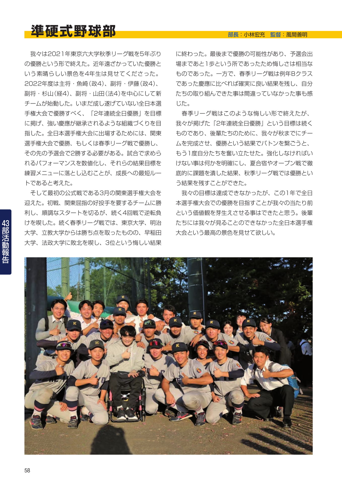 P58　43部紹介　準硬式野球部（60ページ目）