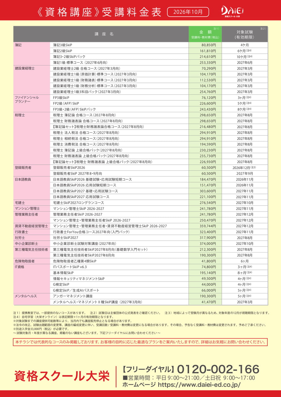 資格講座受講料金表(1ページ目)