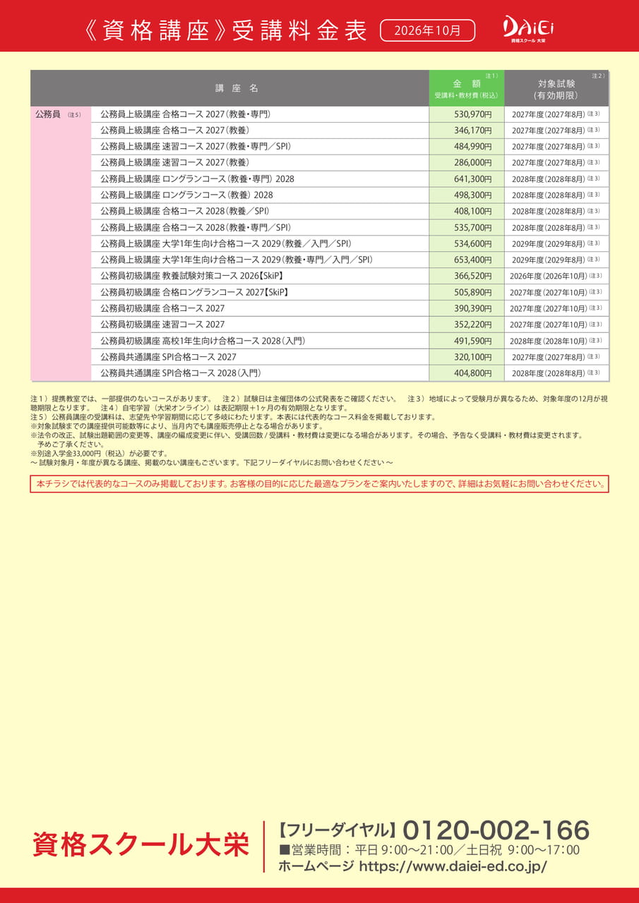 資格講座受講料金表(公務員)(2ページ目)