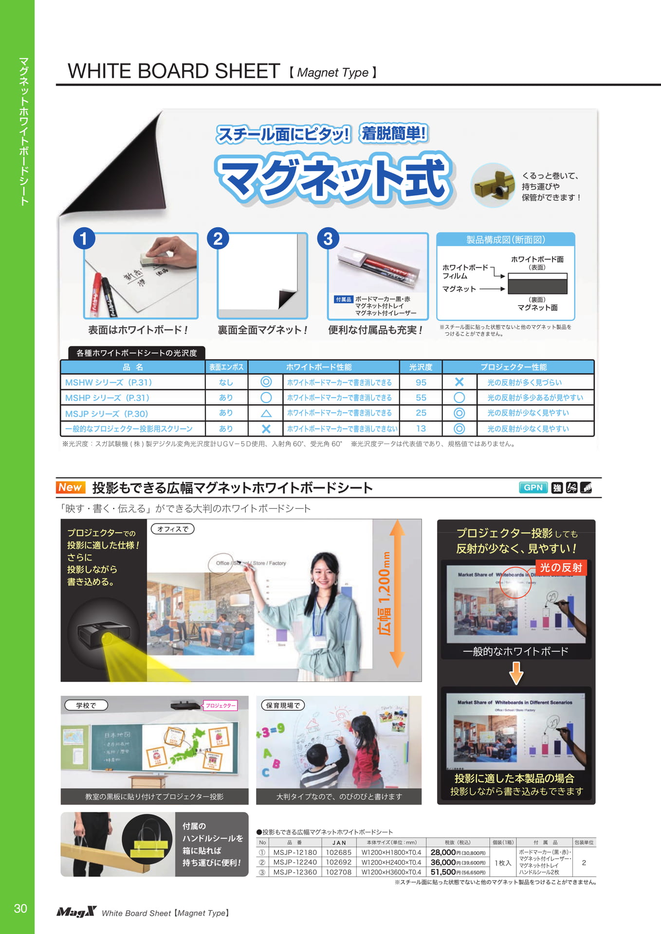投影もできる広幅マグネットホワイトボードシート（32ページ目）