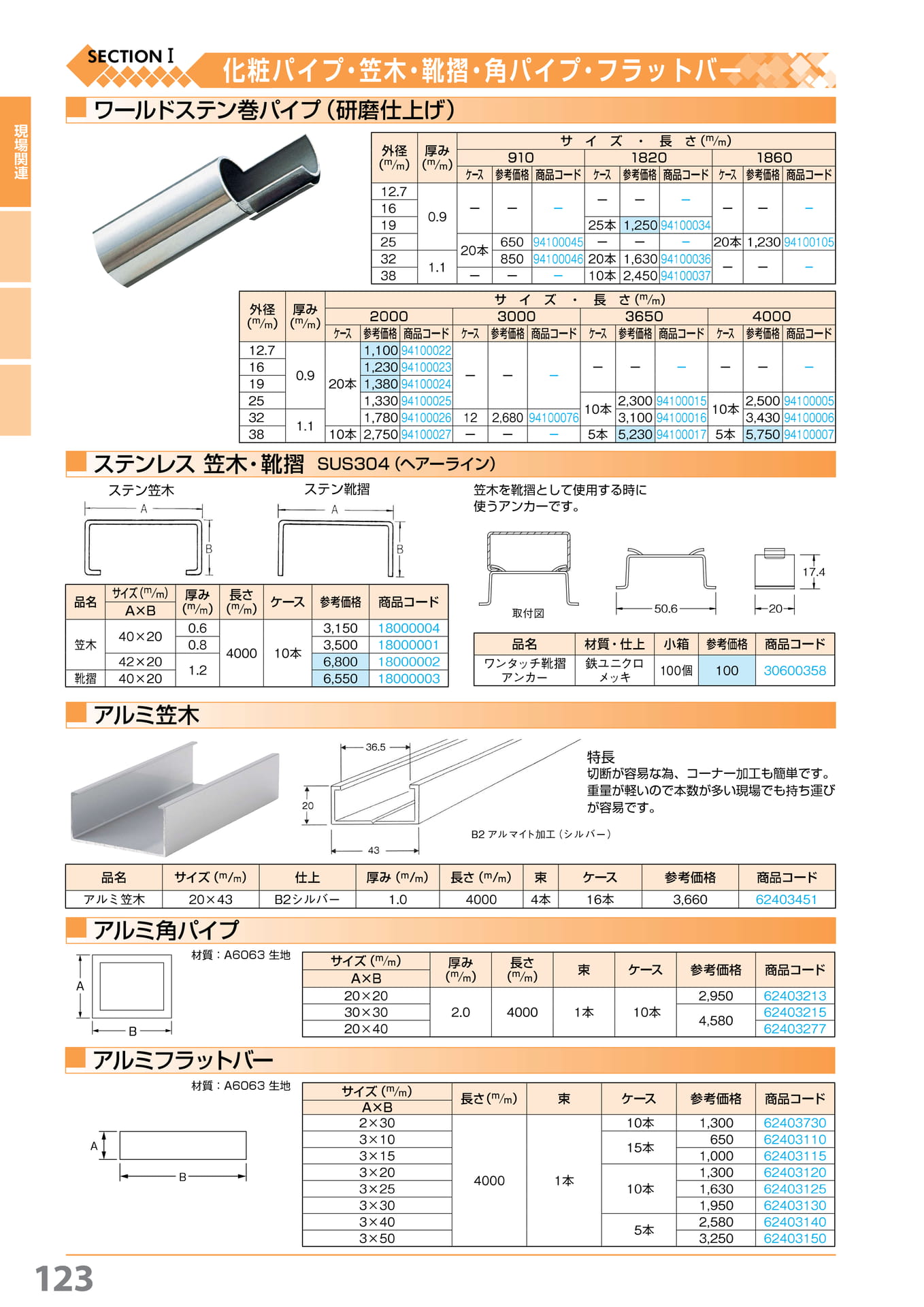 ステン巻パイプ・笠木・靴摺・アルミ笠木・角パイプ・フラットバー 123(124ページ目)