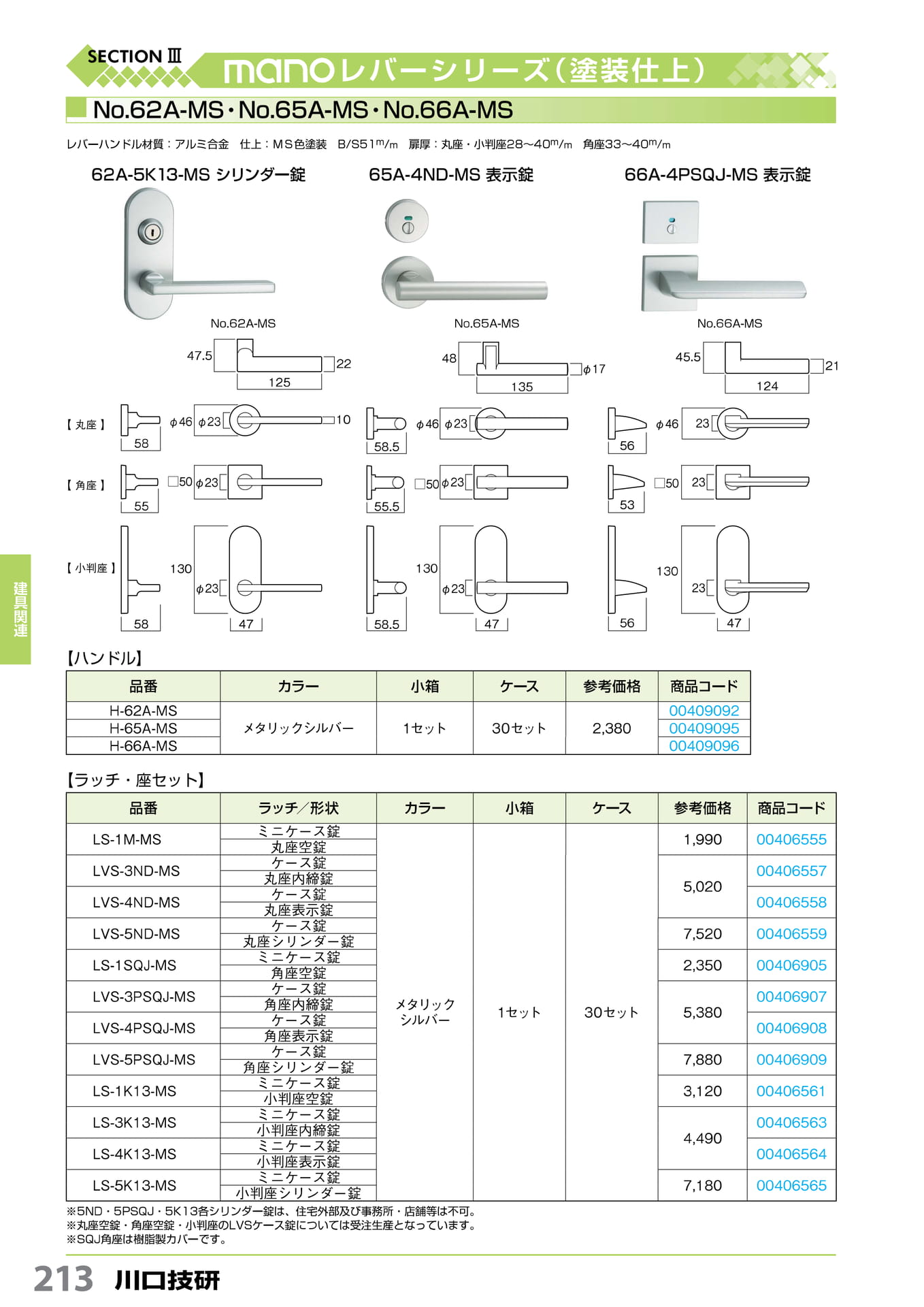 mano レバーNo.62A・65A・66A-MS 川口技研 213(214ページ目)