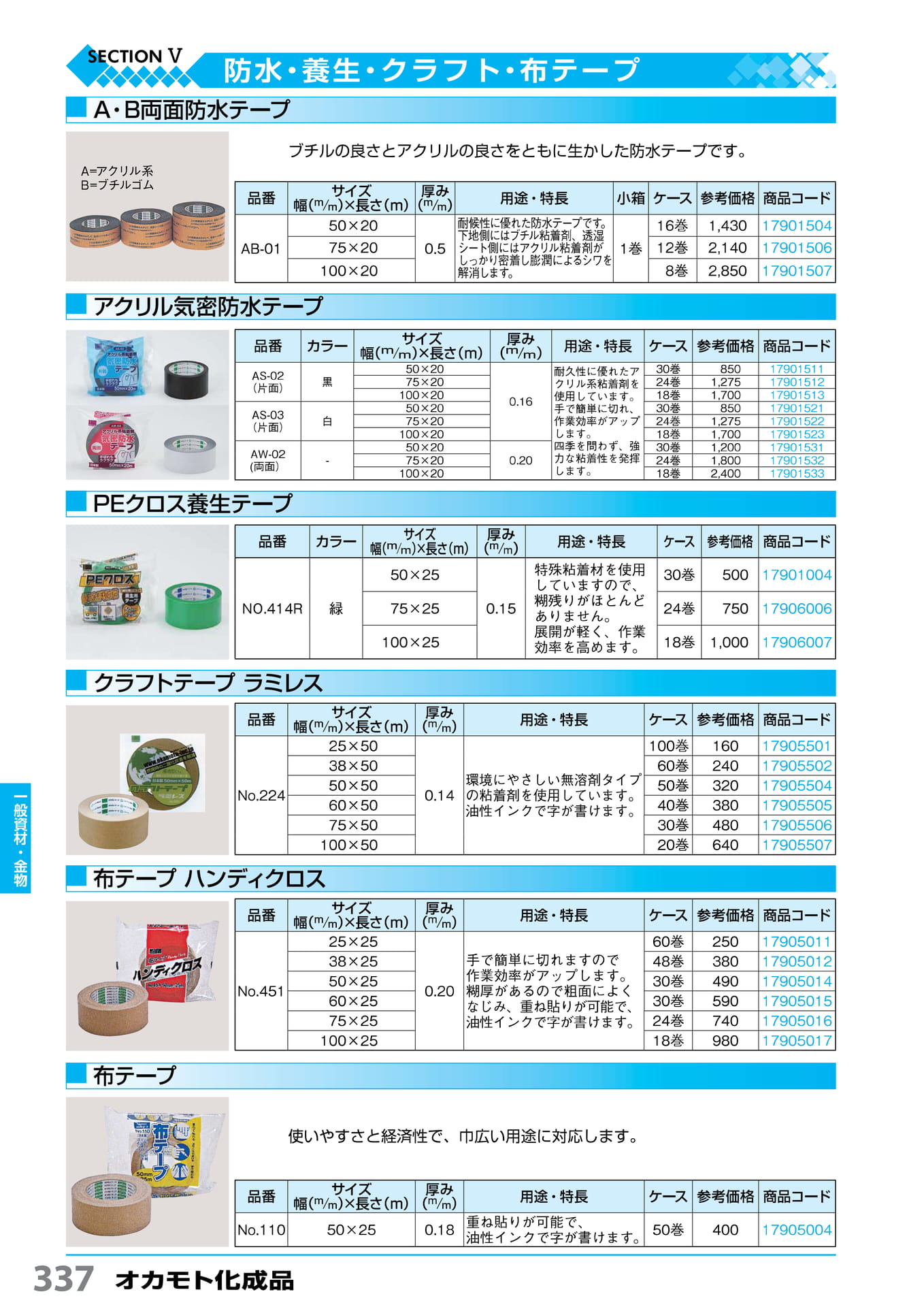 A・B 両面防水・PE クロス養生テープ オカモト化成品 337(338ページ目)