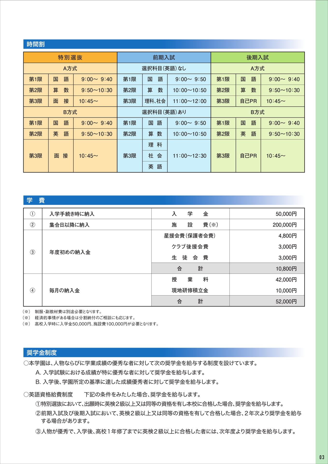 時間割・学費・奨学金制度（3ページ目）
