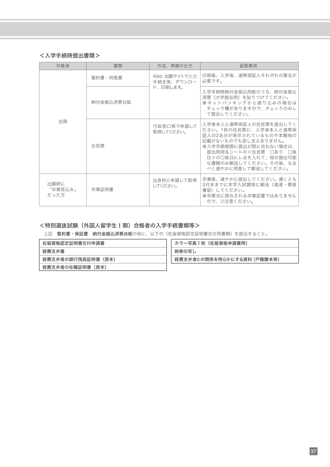 入学手続時提出書類（37ページ目）
