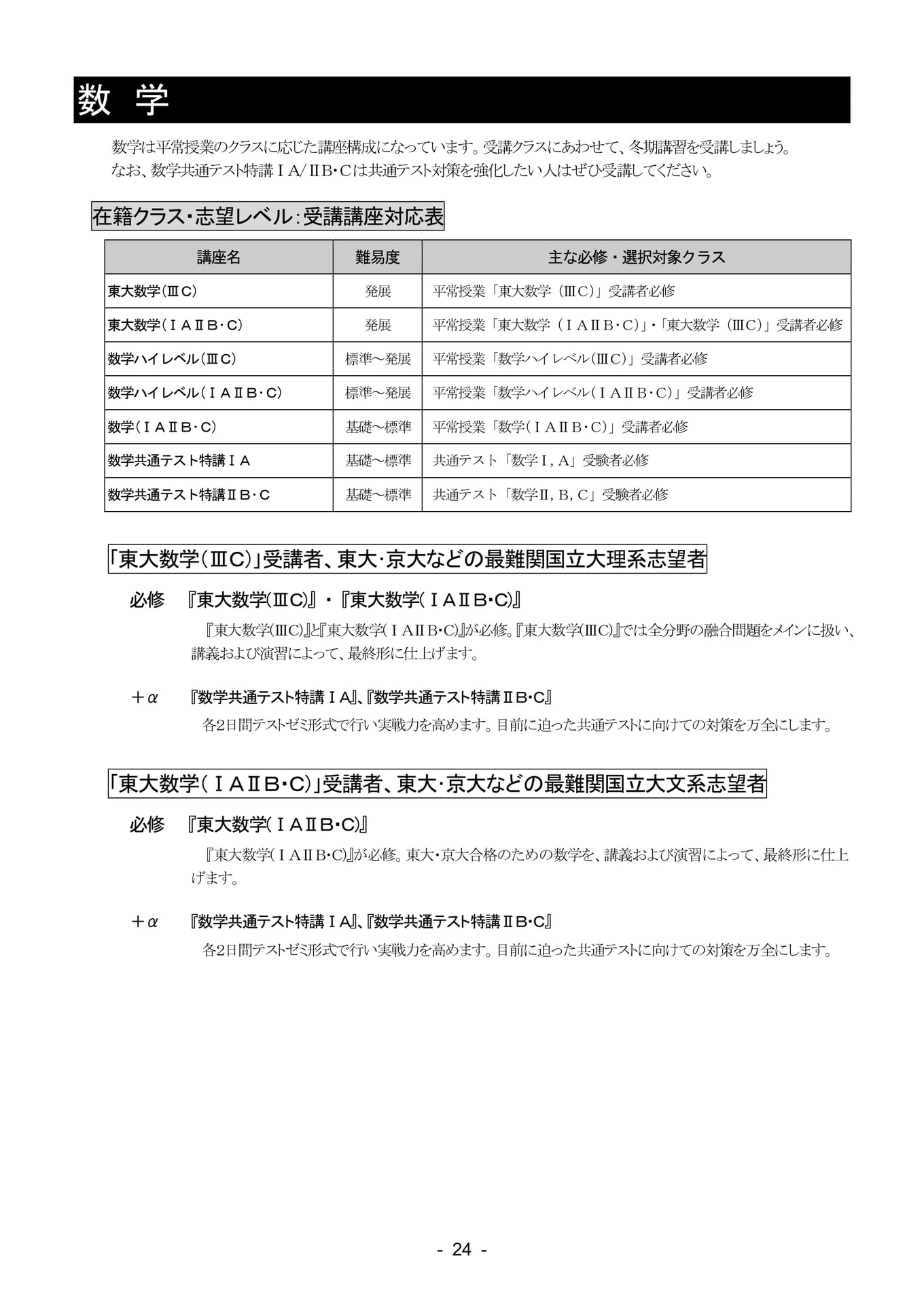 数学 受講講座対応表（25ページ目）
