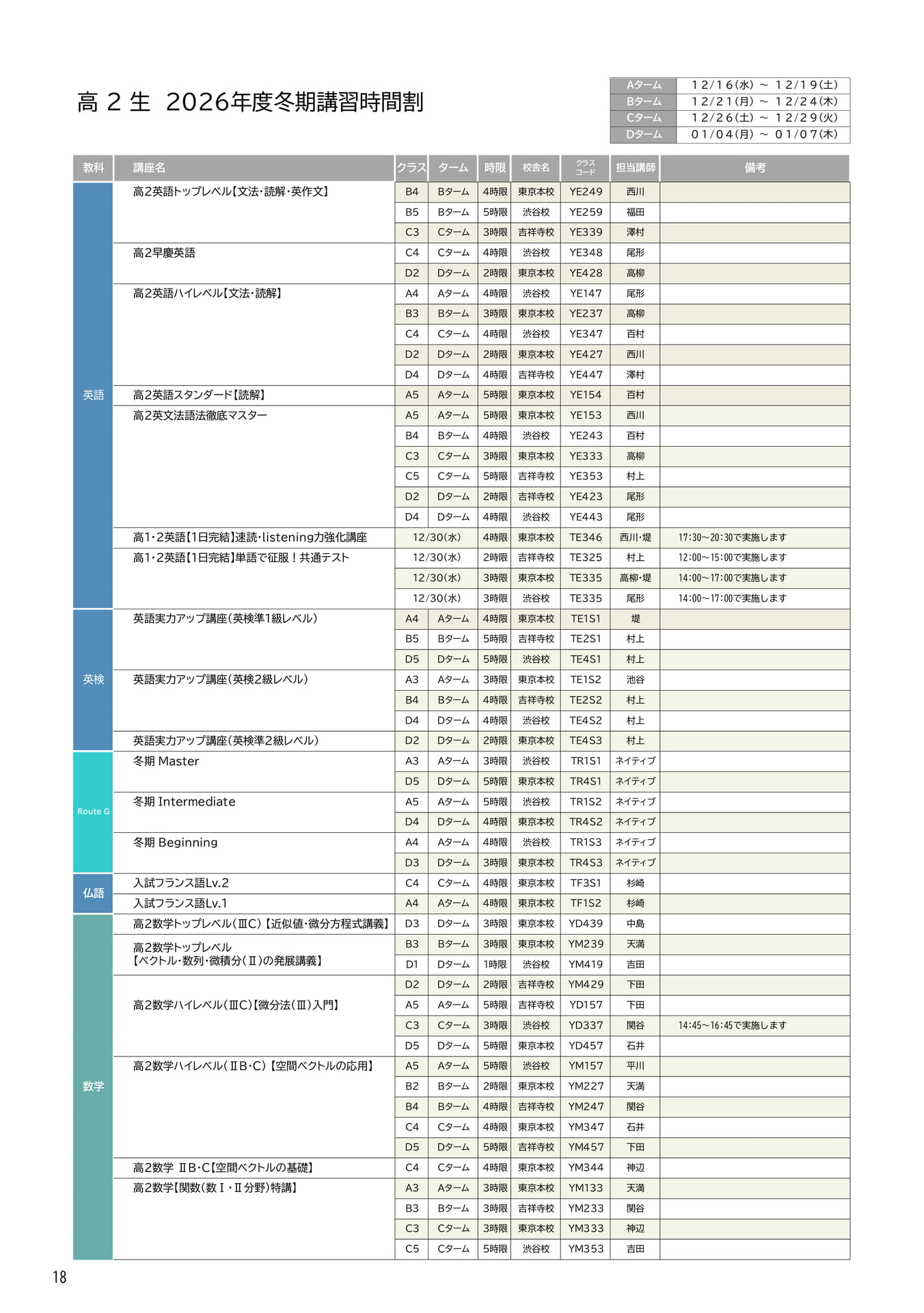 高2生 2026年度冬期講習時間割(18ページ目)