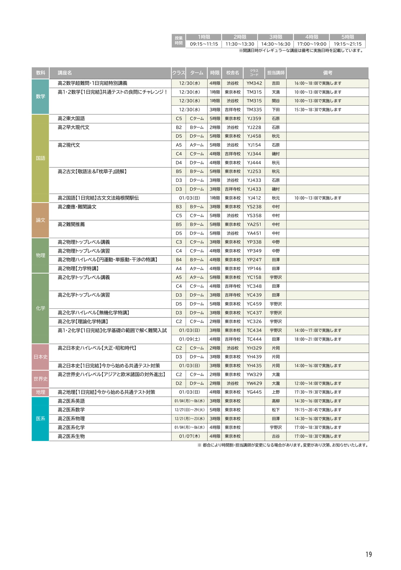 高2生 2026年度冬期講習時間割(19ページ目)
