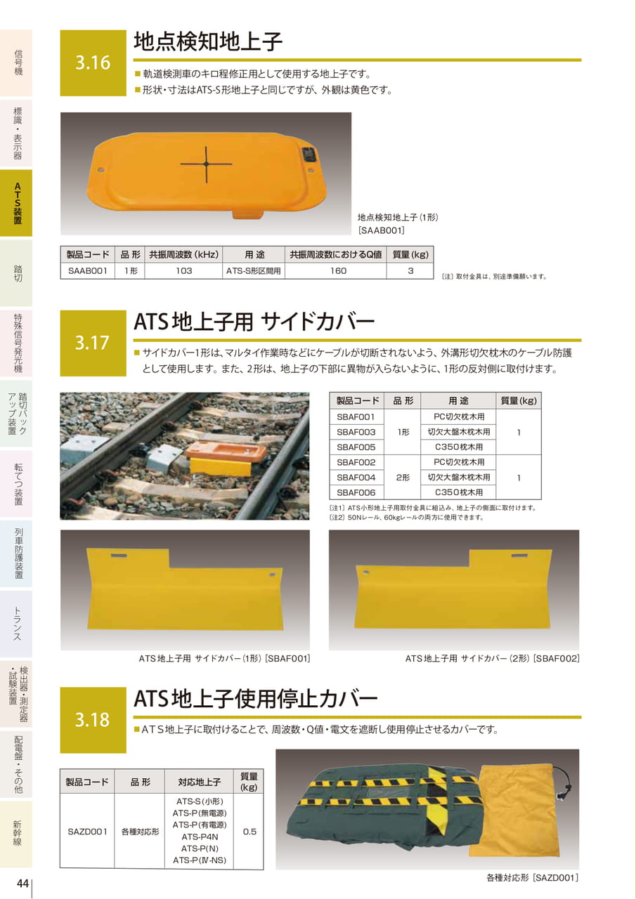 3.16 地点検知地上子／3.17 ATS地上子用サイドカバー／3.18 ATS地上子使用停止カバー（46ページ目）