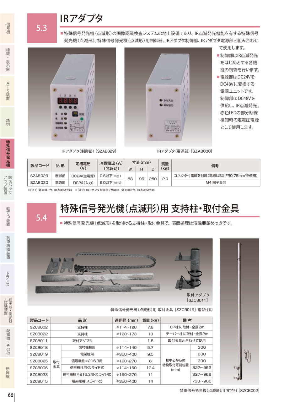 5.3 IRアダプタ／5.4 特殊信号発光機（点滅形）用 支持柱・取付金具（68ページ目）