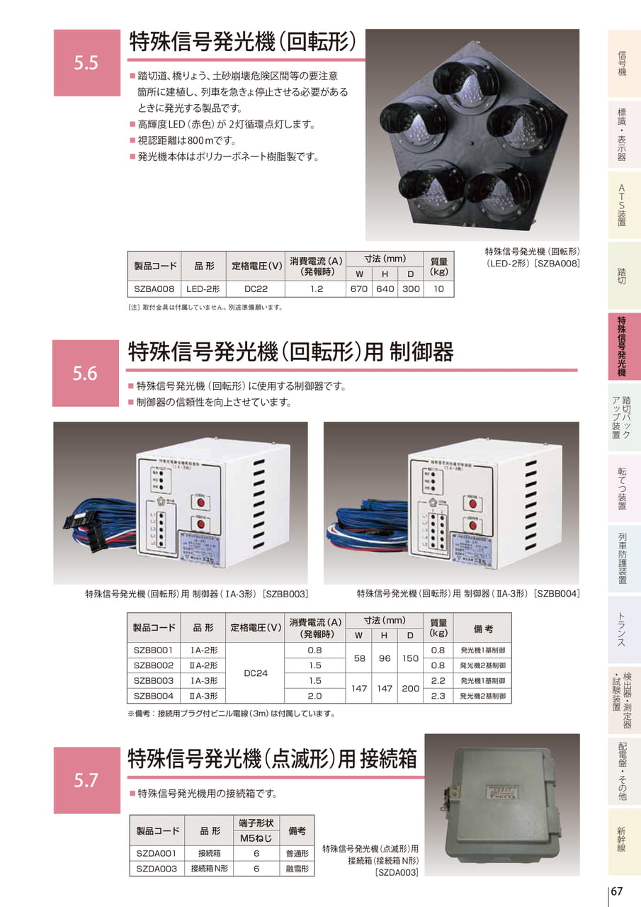5.5 特殊信号発光機（回転形）／5.6 特殊信号発光機（回転形）用 制御器／5.7 特殊信号発光機（点滅形）用接続箱（69ページ目）