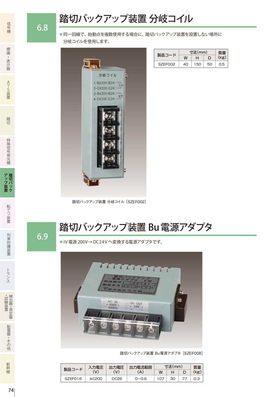 6.8 踏切バックアップ装置 分岐コイル／6.9 踏切バックアップ装置 Bu電源アダプタ（76ページ目）