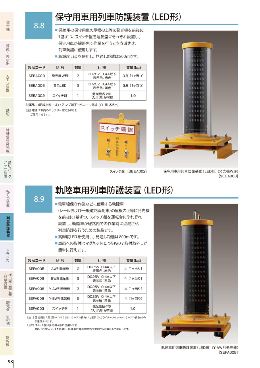 8.8 保守用車用列車防護装置（LED形）／8.9 軌陸車用列車防護装置（LED形）（100ページ目）