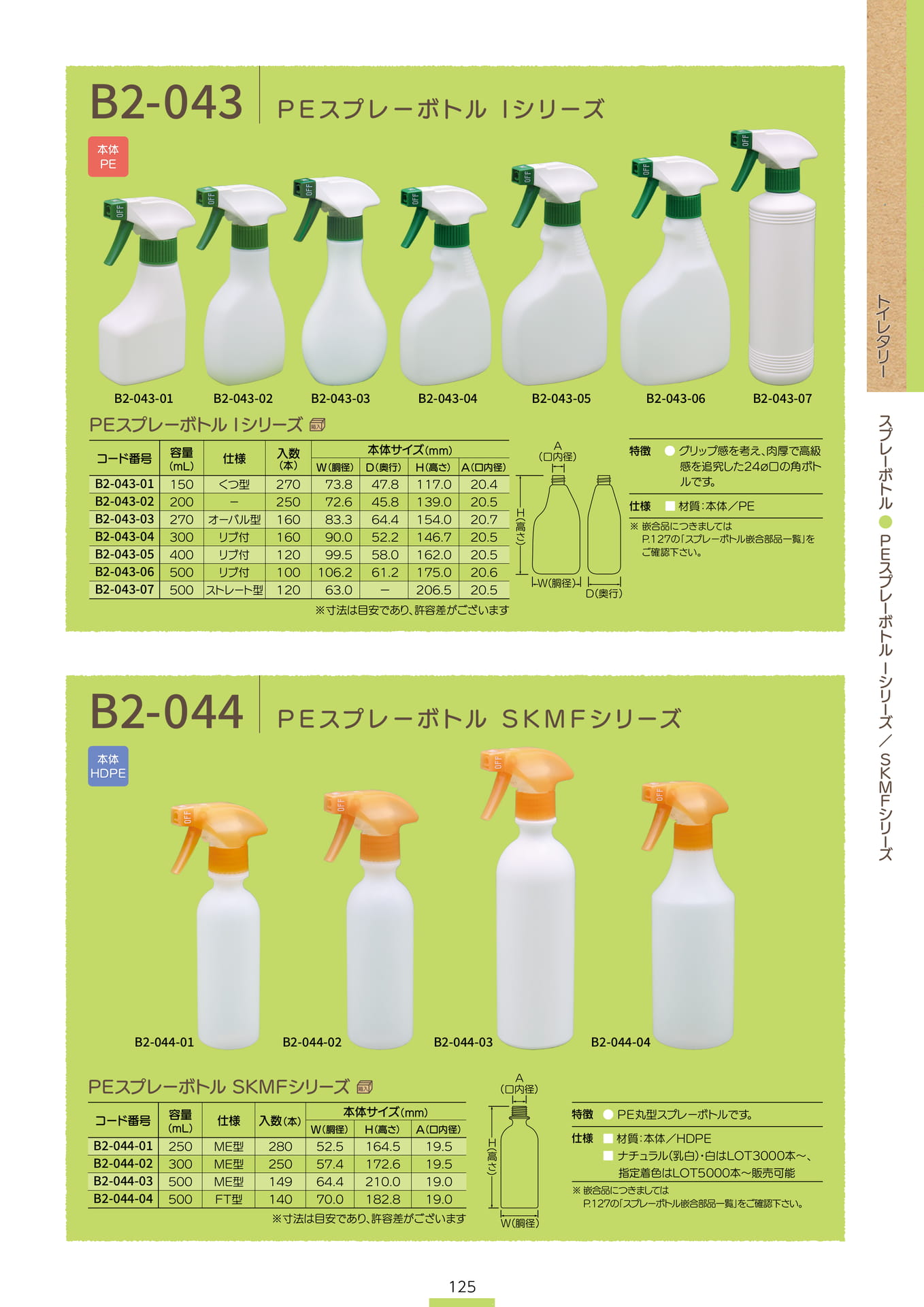 P.127 スプレーボトル B2-043/B2-044 (カタログ上表記P.125)（127ページ目）