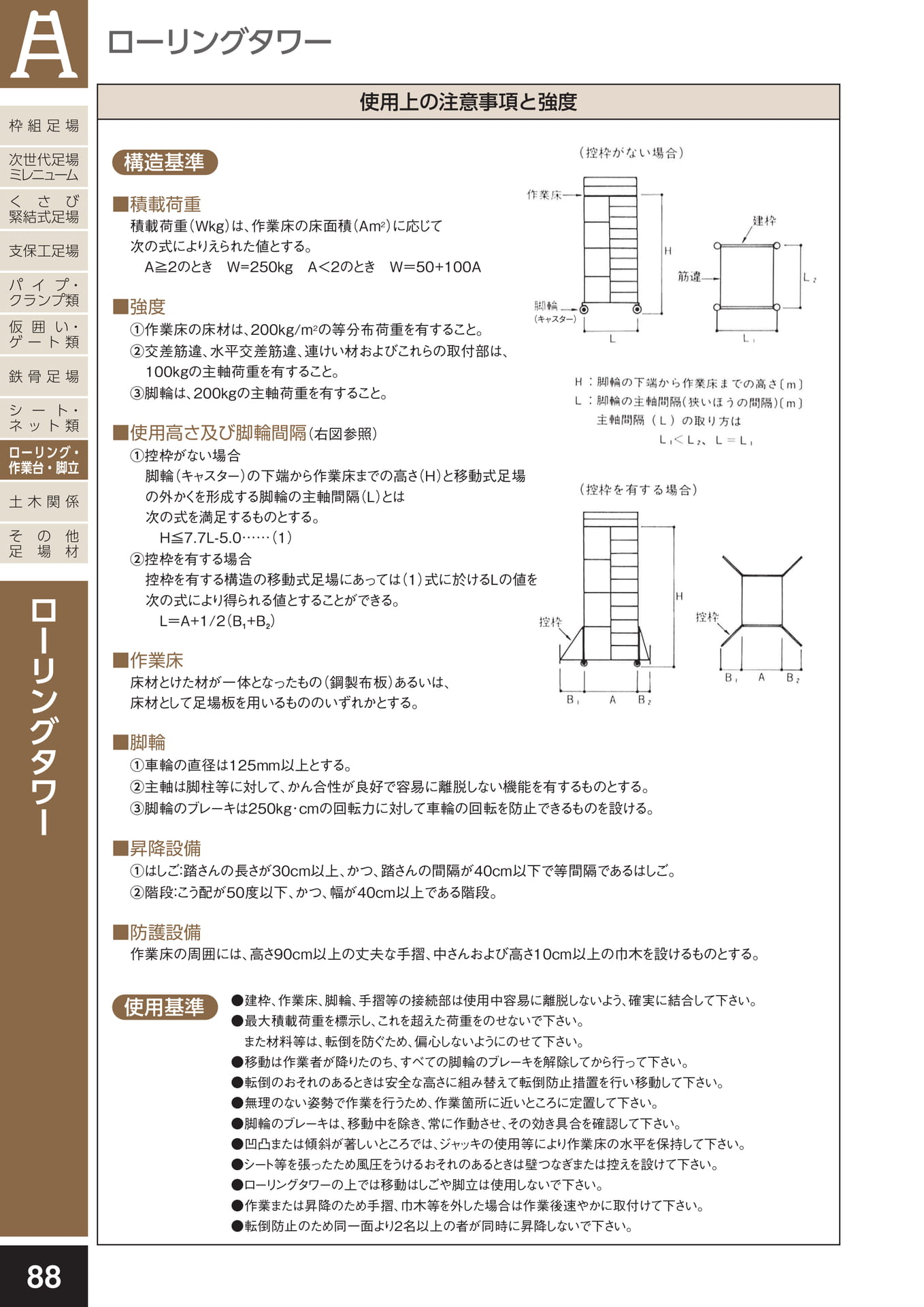 ローリングタワー・作業台・脚立/ローリングタワー使用上の注意事項と強度(92ページ目)