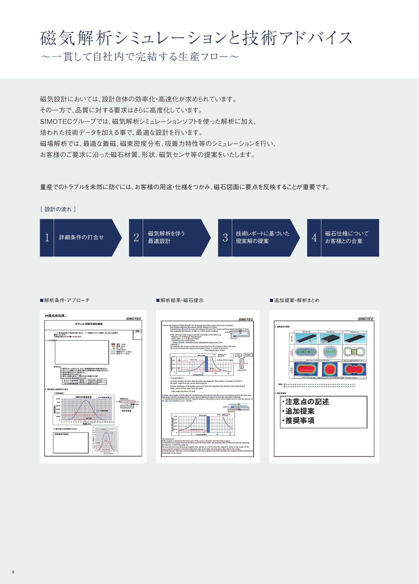 P.9　磁気解析シミュレーションと技術アドバイス　～一貫して自社内で完結する生産フロー～①（10ページ目）