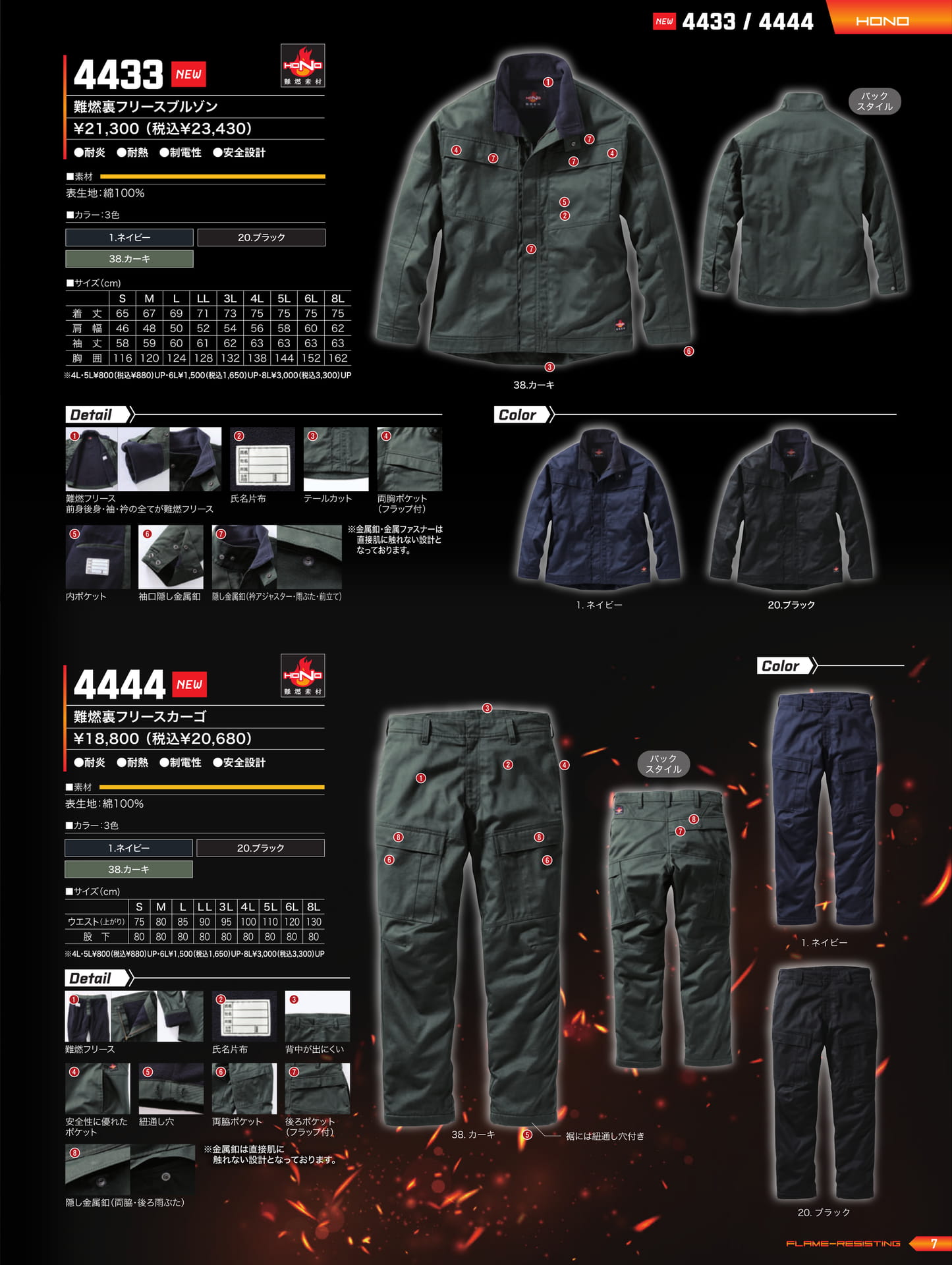 4433 難燃裏フリースブルゾン / 4444 難燃裏フリースカーゴ(9ページ目)