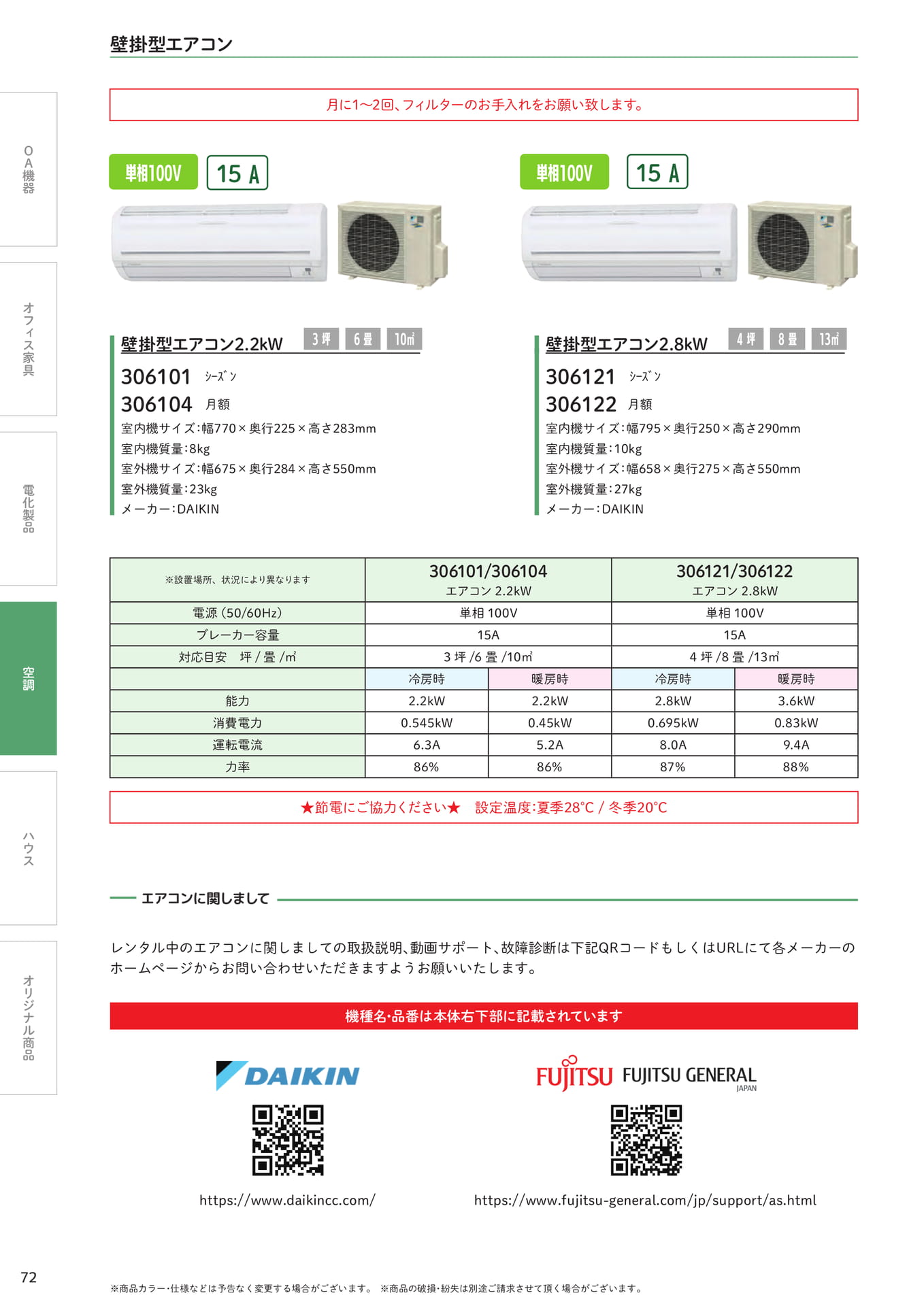 壁掛型エアコン (2.2kW・2.8kW)(72ページ目)