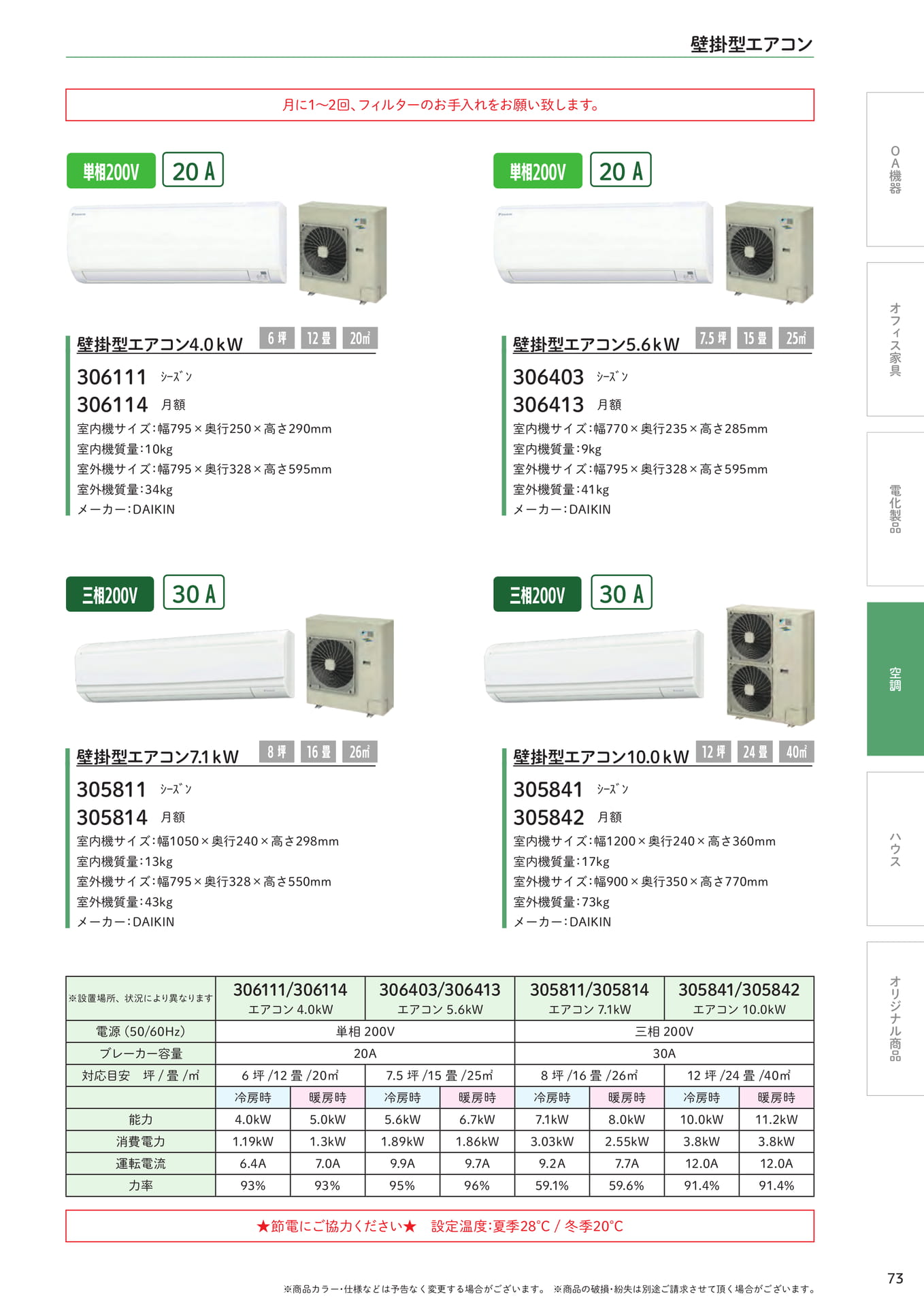 壁掛型エアコン (4.0kW〜10.0kW)(73ページ目)