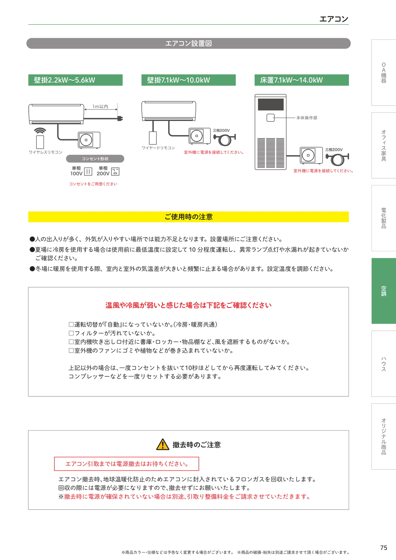 エアコン設置図・ご注意(75ページ目)