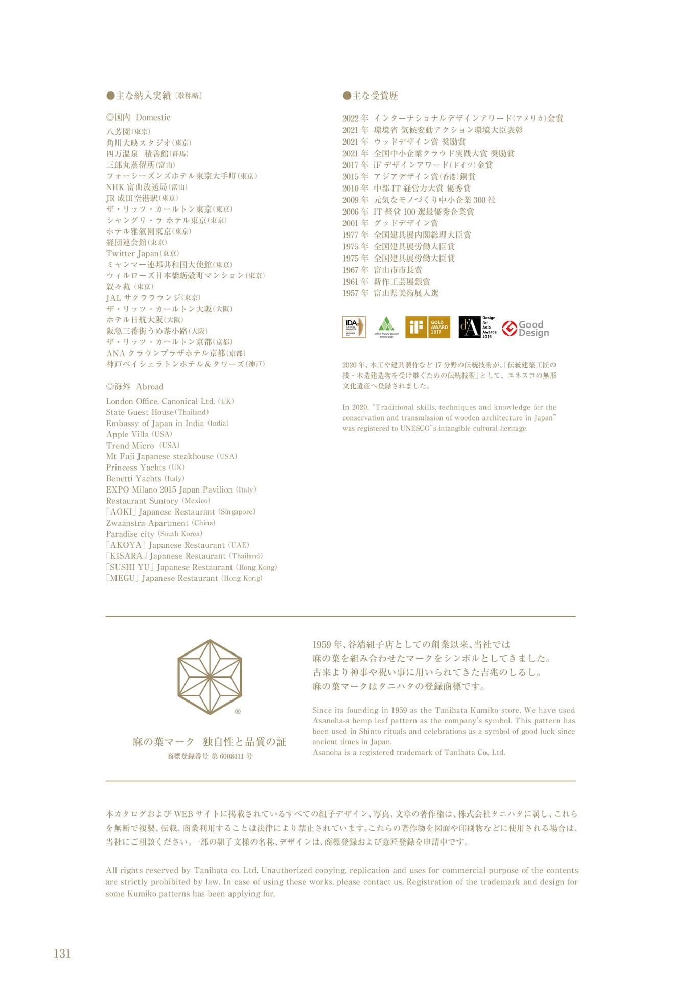 納入実績・受賞歴 タニハタ総合カタログ 132 組子細工(132ページ目)