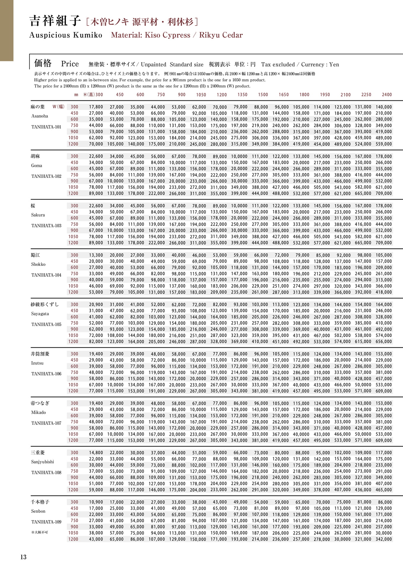 価格表 タニハタ総合カタログ価格表 13 組子細工(14ページ目)