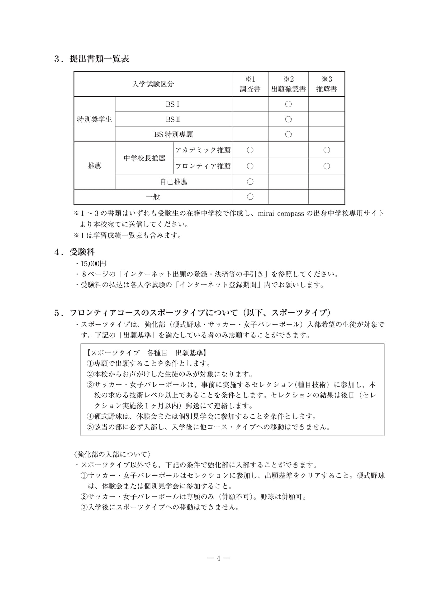 提出書類・受験料・スポーツタイプ（5ページ目）
